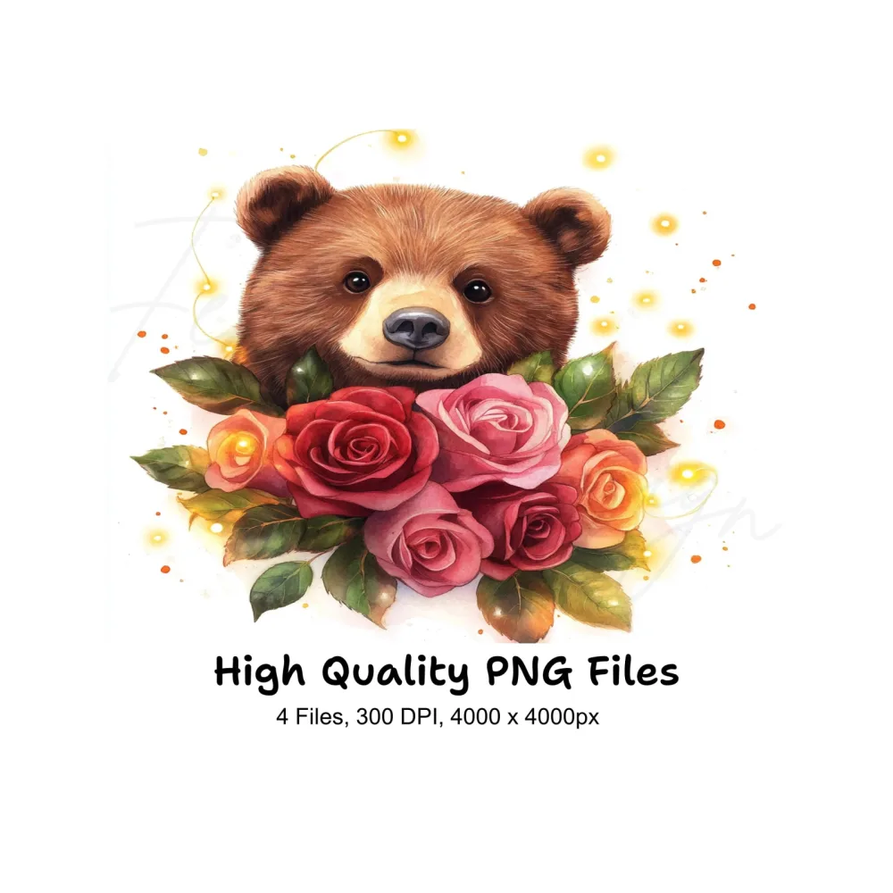 Cute Bear with Pink and Red Roses Clipart Bundle