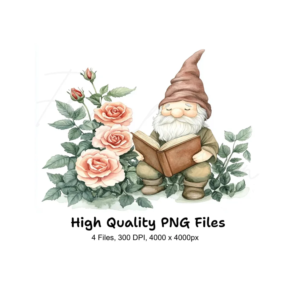 Gnome Reading Book with Rose Clipart Bundle