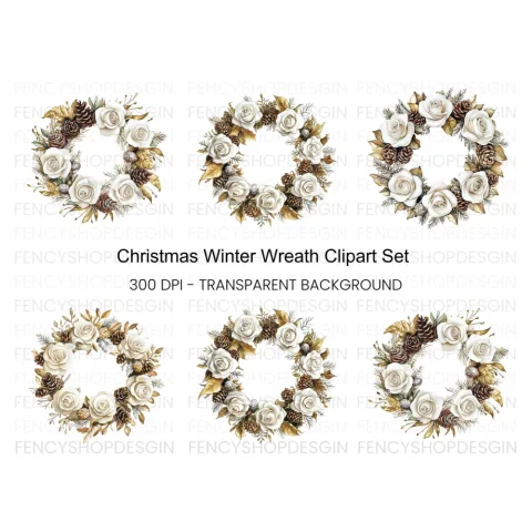 Elegant Winter White Rose Wreath Clipart Bundle