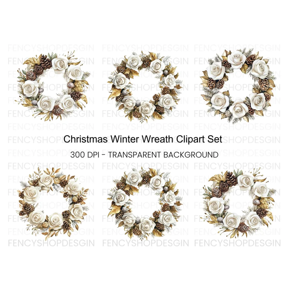 Elegant Winter White Rose Wreath Clipart Bundle