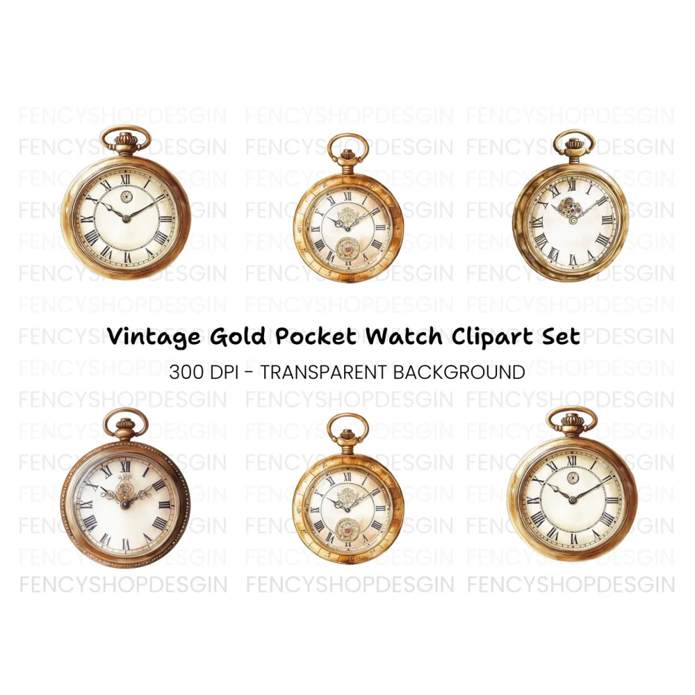 Vintage Pocket Watch Clipart Bundle