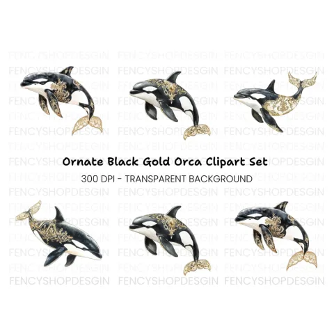 Ornate Gold and Black Orca Whale Clipart Bundle