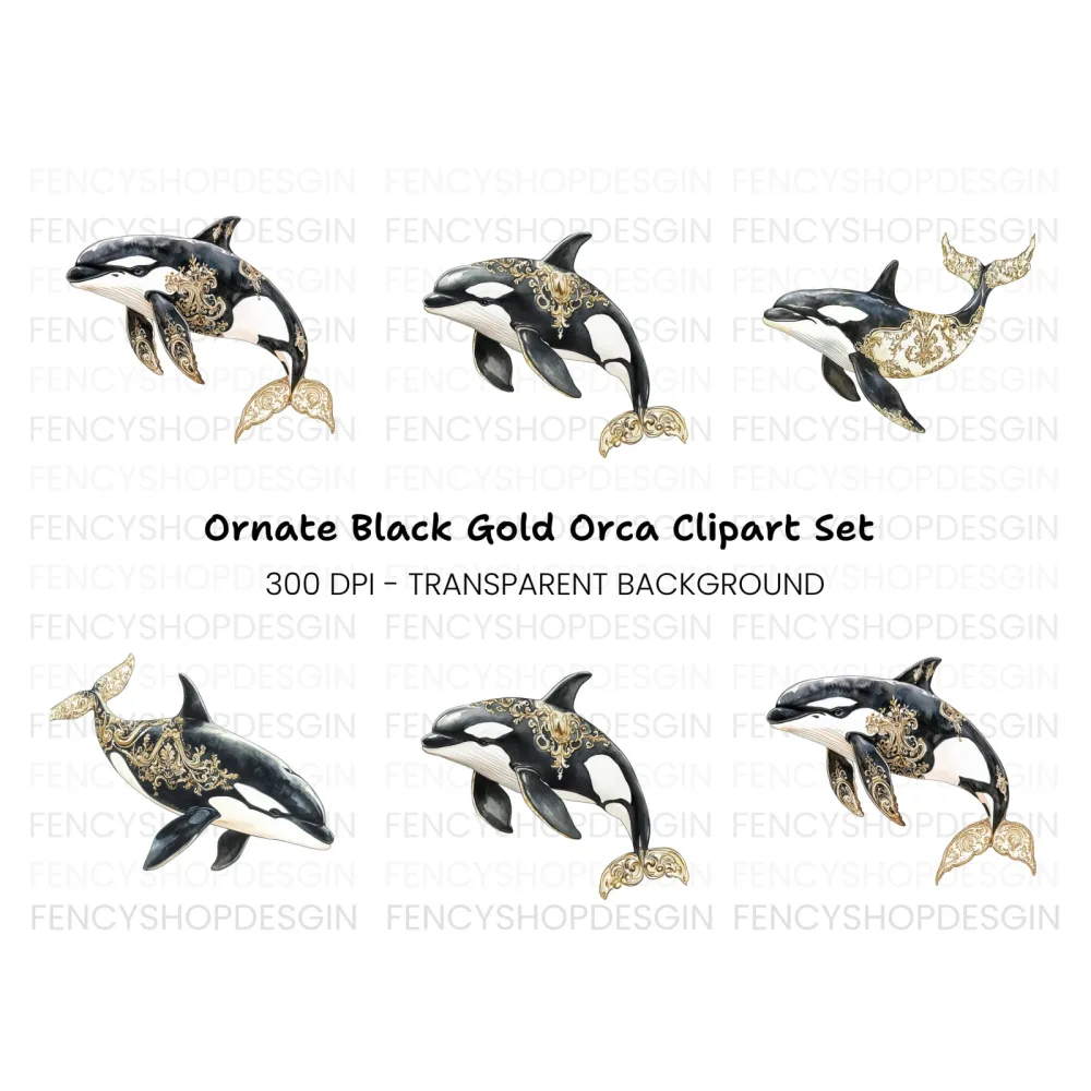 Ornate Gold and Black Orca Whale Clipart Bundle