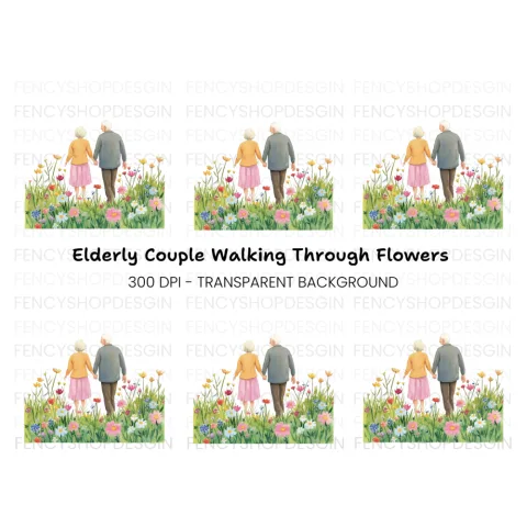Elderly Couple Walking in Flower Field Clipart Bundle