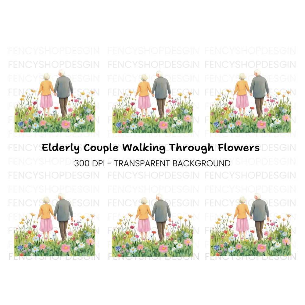 Elderly Couple Walking in Flower Field Clipart Bundle
