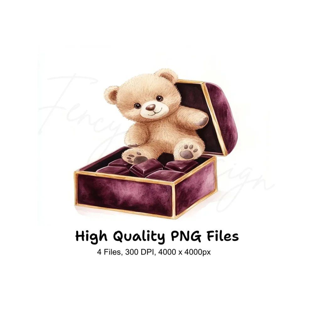 Cute Teddy Bear in Velvet Chocolate Box Clipart Bundle