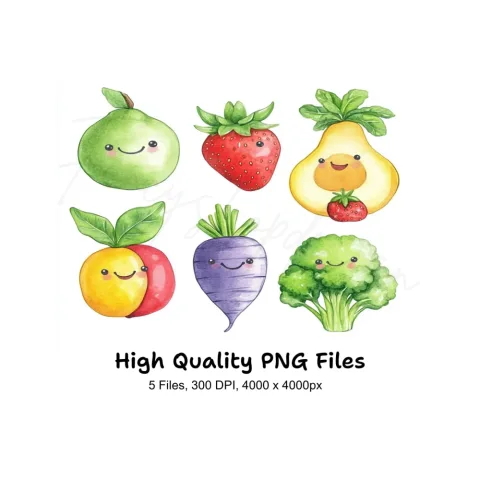 Cute Kawaii Fruits and Vegetables Clipart Bundle