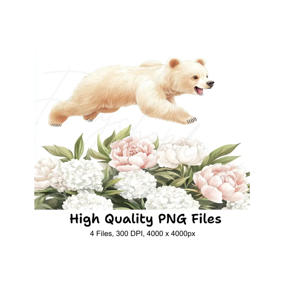 Playful Bear Cubs with Peony Flowers Clipart Bundle