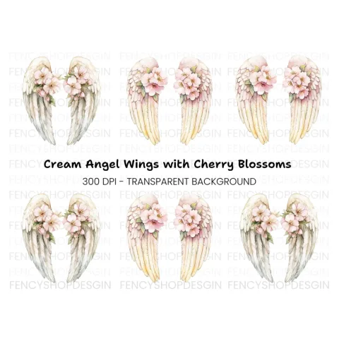 White Feathered Angel Wings with Flowers Clipart Bundle