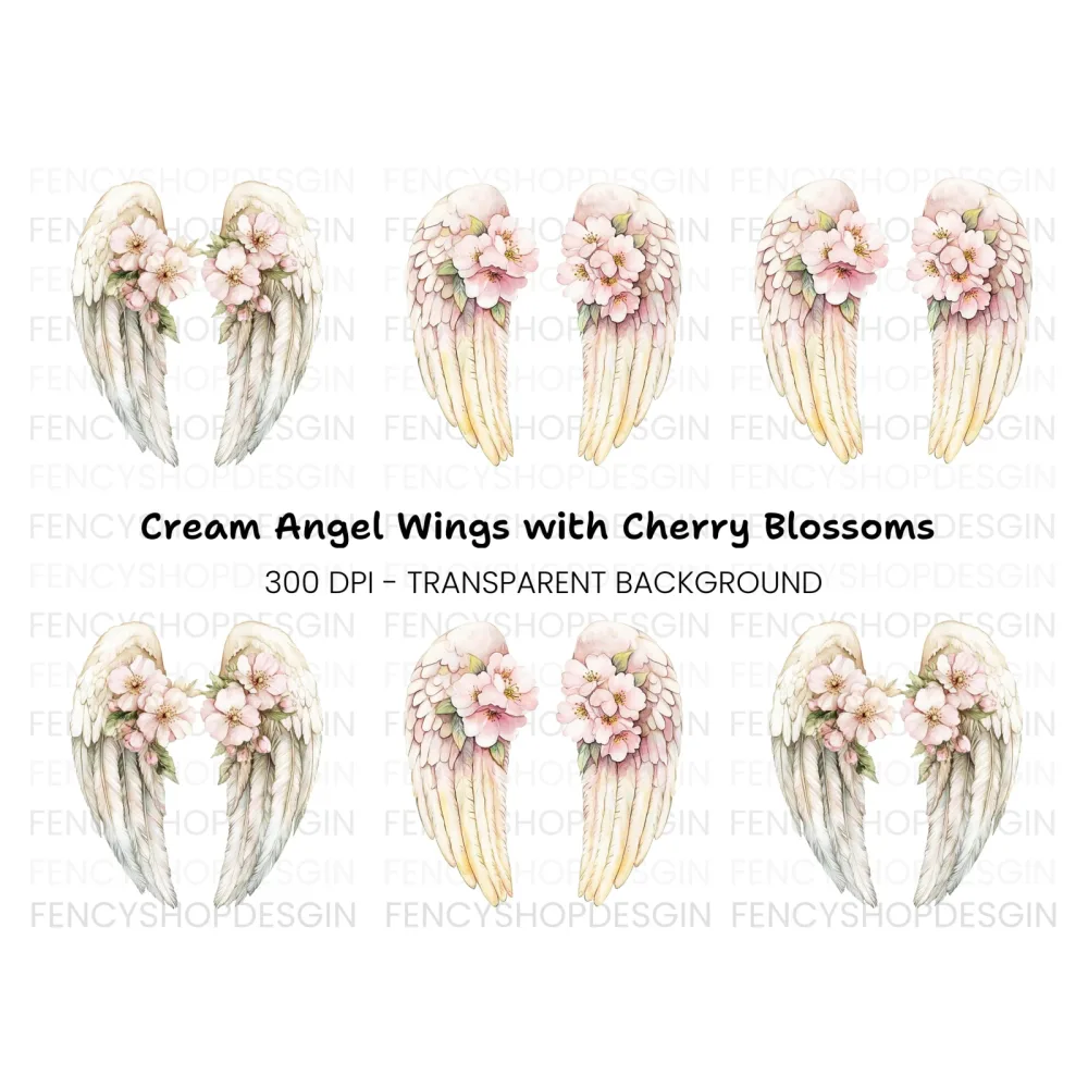 White Feathered Angel Wings with Flowers Clipart Bundle