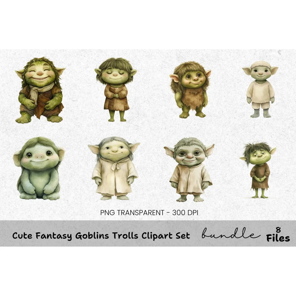 Adorable Fantasy Goblins & Trolls Clipart Bundle