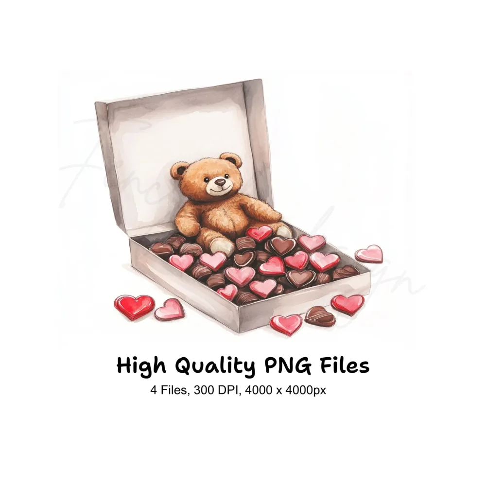 Teddy Bear with Heart Shaped Chocolates Clipart Bundle