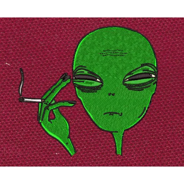 Lazy Smoking Alien Face Green & Black Embroidery Design
