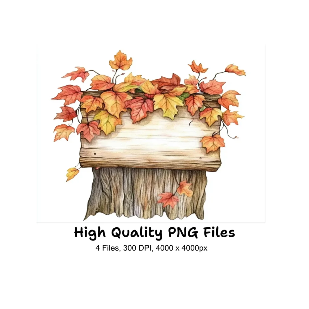 Autumn Wooden Signs with Fall Leaves Clipart Bundle