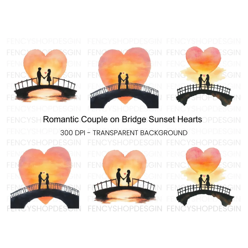 Romantic Couple on Bridge at Sunset Clipart Bundle