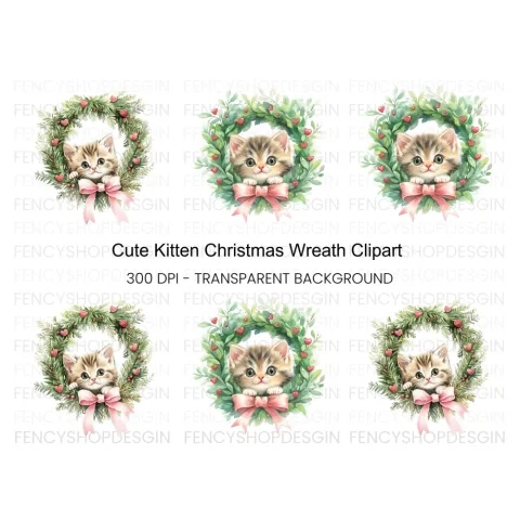 Cute Kitten Christmas Wreath Clipart Bundle