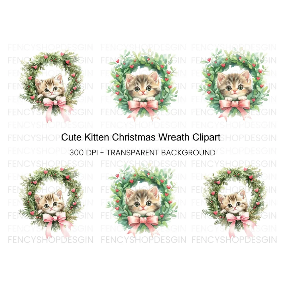 Cute Kitten Christmas Wreath Clipart Bundle