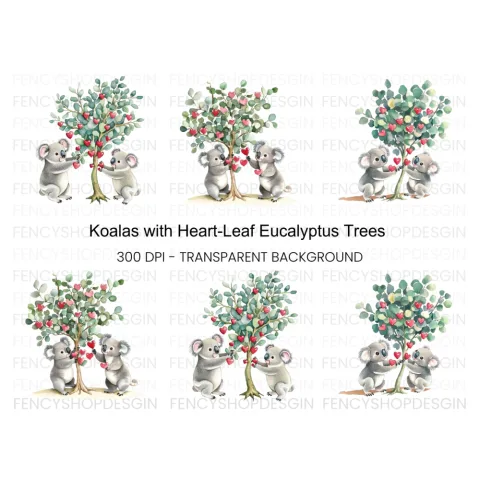 Koalas Decorating Heart Tree Clipart Bundle