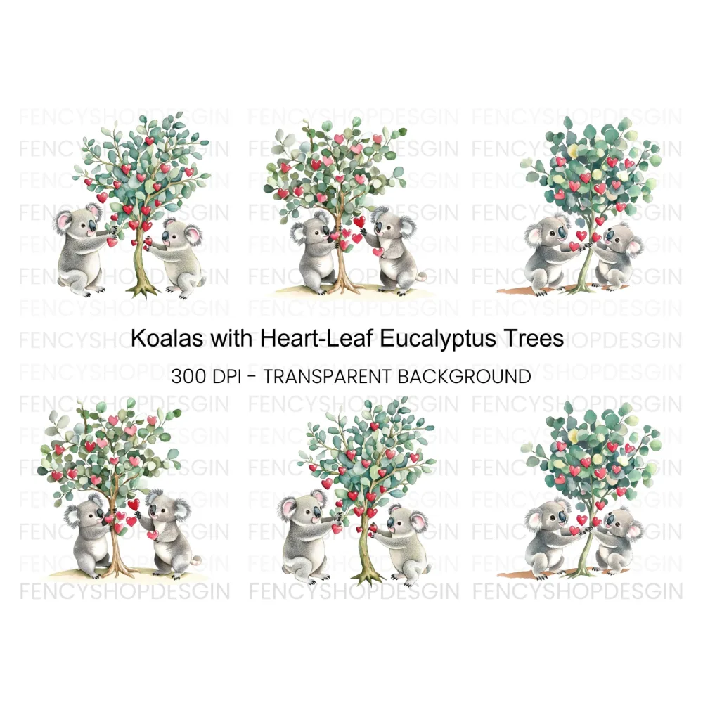 Koalas Decorating Heart Tree Clipart Bundle