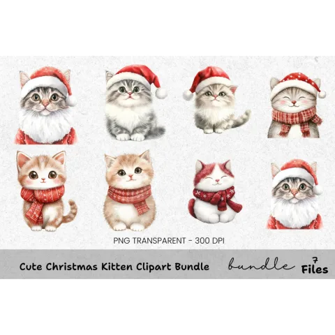 Cute Christmas Kitten Clipart Bundle