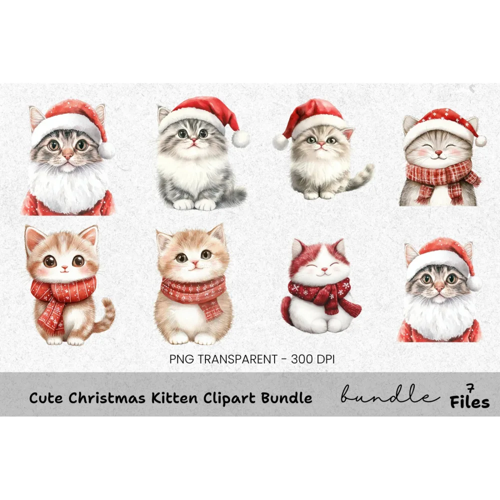 Cute Christmas Kitten Clipart Bundle