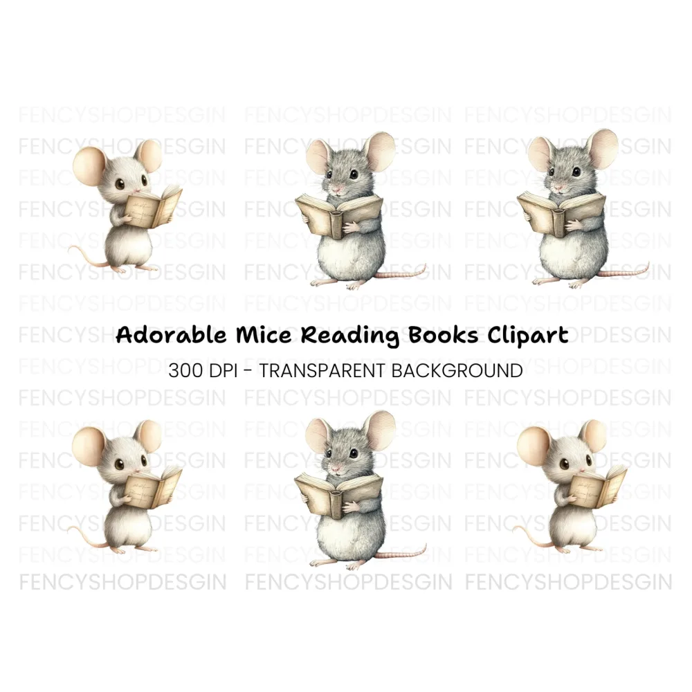 Cute Mice Reading Books Clipart Bundle