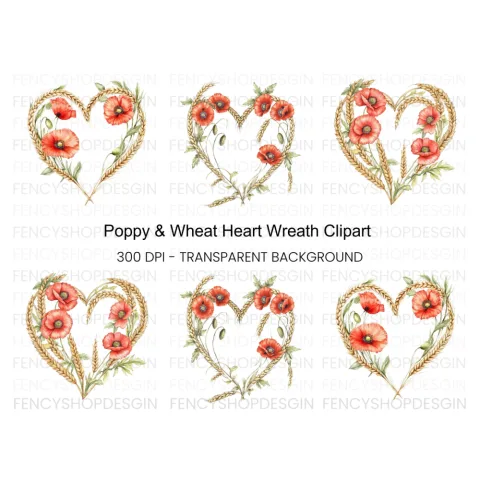 Poppy and Wheat Heart Clipart Bundle