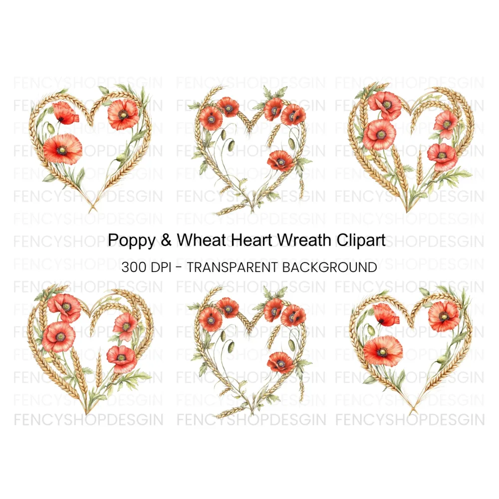 Poppy and Wheat Heart Clipart Bundle