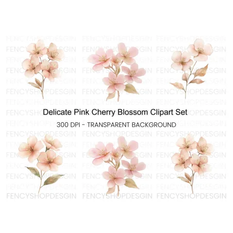 Delicate Pink Cherry Blossom Clipart Bundle
