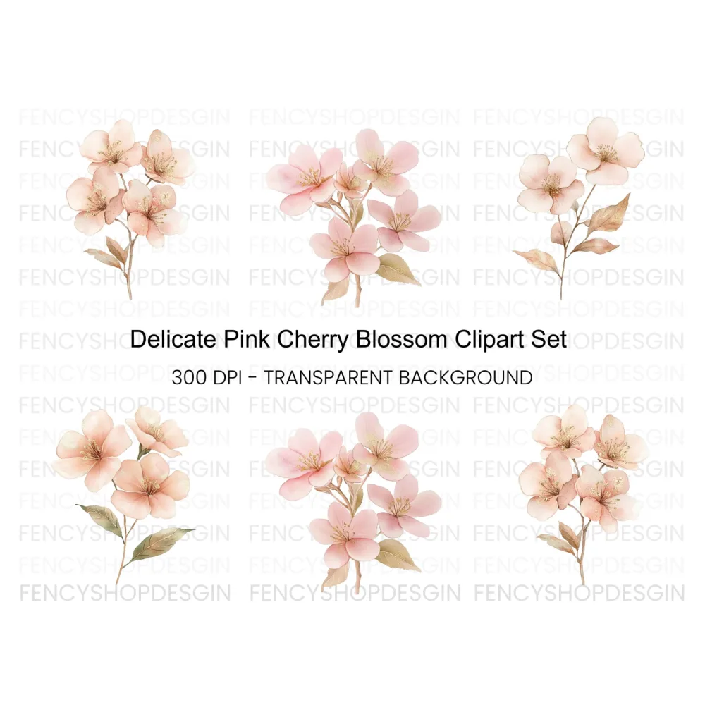 Delicate Pink Cherry Blossom Clipart Bundle