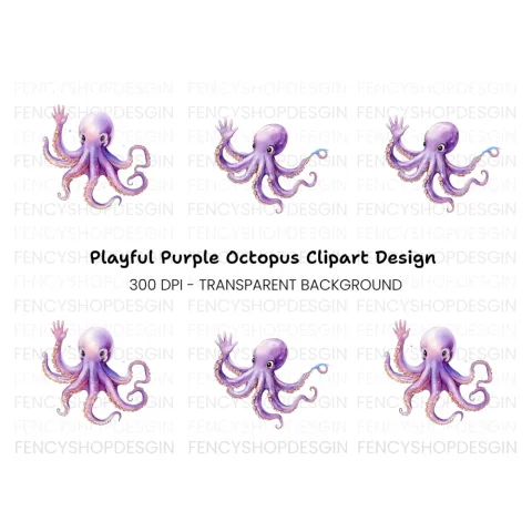 Cute Purple Octopus Waving Clipart Bundle