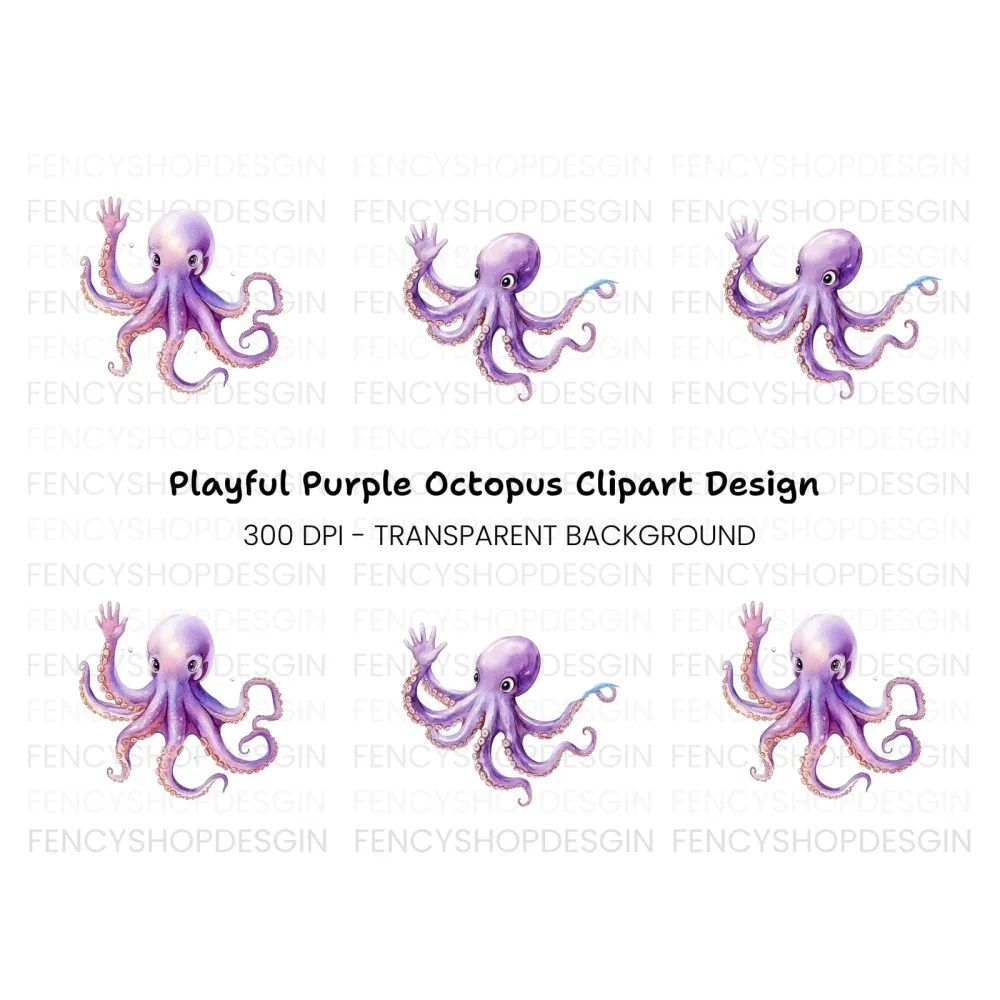 Cute Purple Octopus Waving Clipart Bundle
