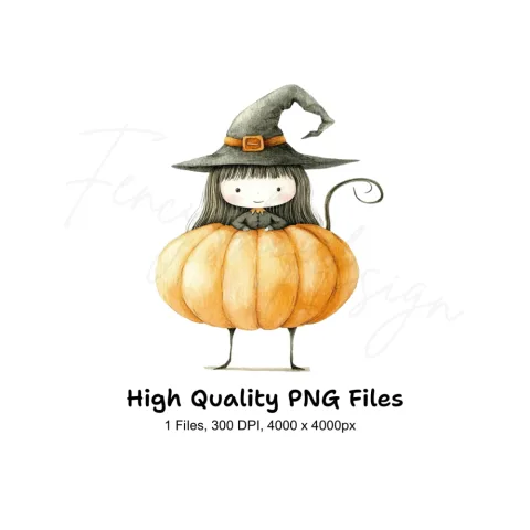 Cute Witch Girl in Pumpkin Clipart Bundle