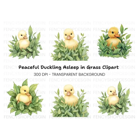 Cute Yellow Ducklings in Leaves Clipart Bundle