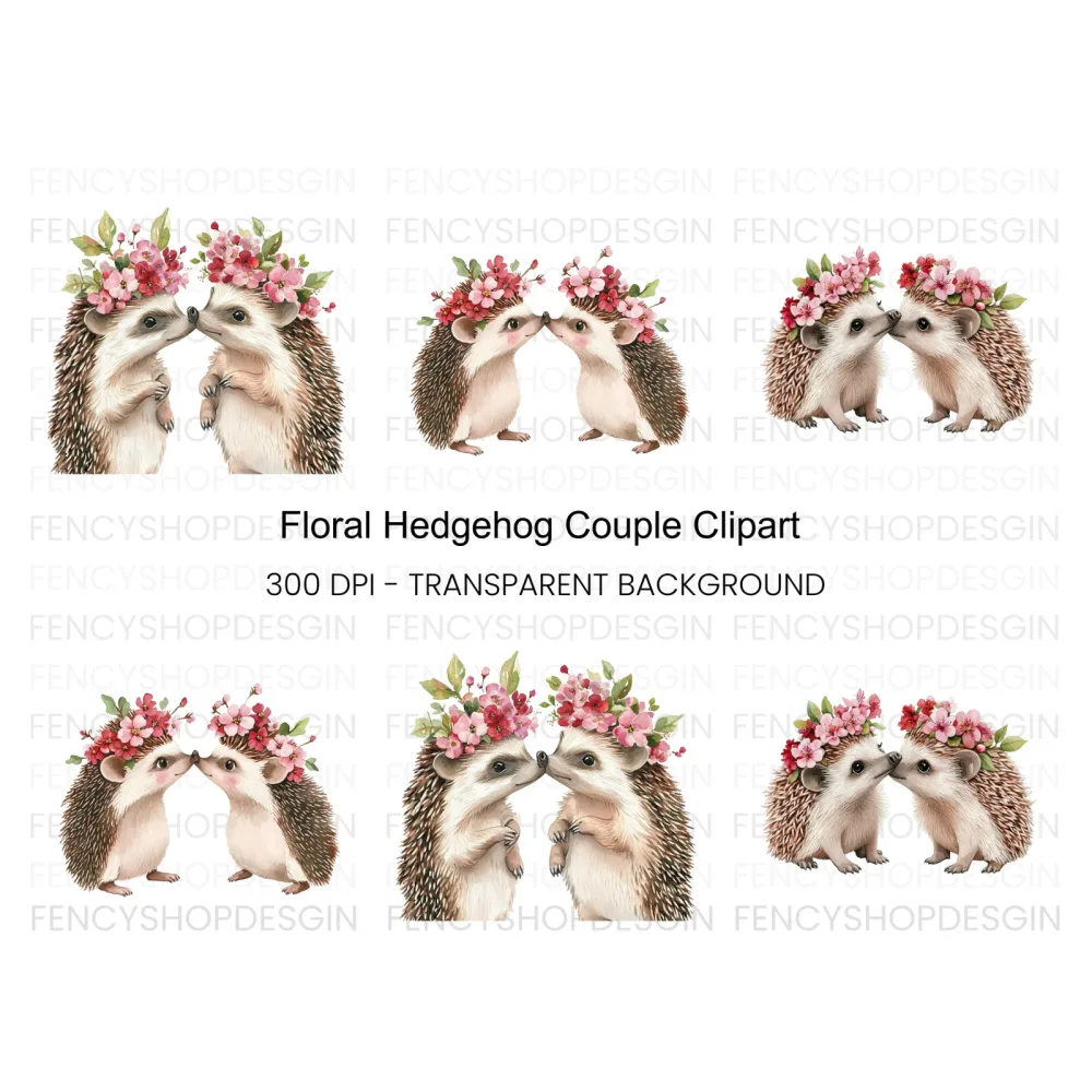 Hedgehog Couple Flower Crowns Clipart Bundle
