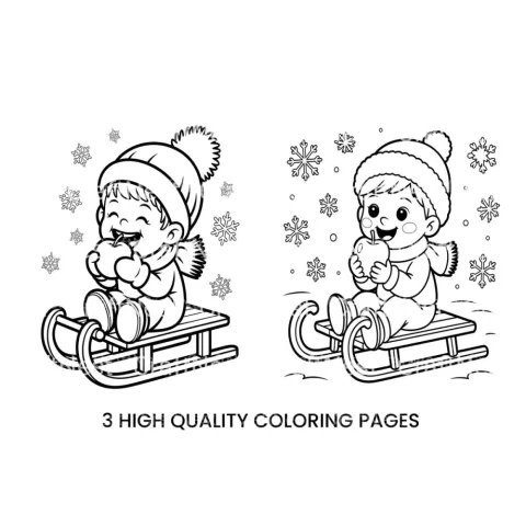 Kids Sledding in Winter Coloring Books
