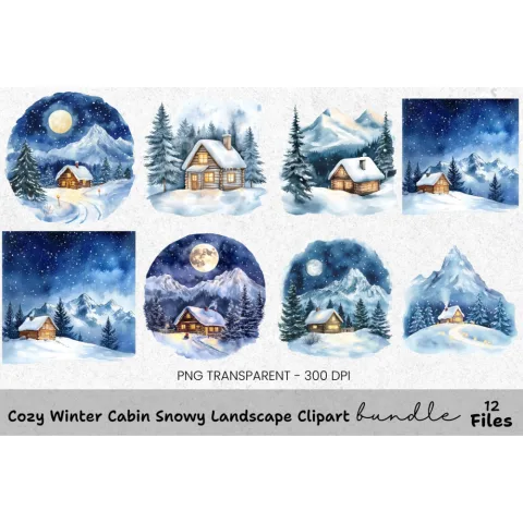 Winter Cabin Clipart Bundle