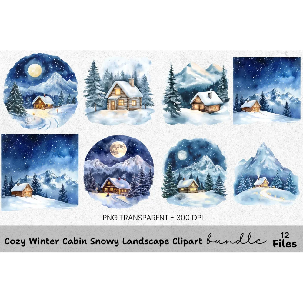 Winter Cabin Clipart Bundle