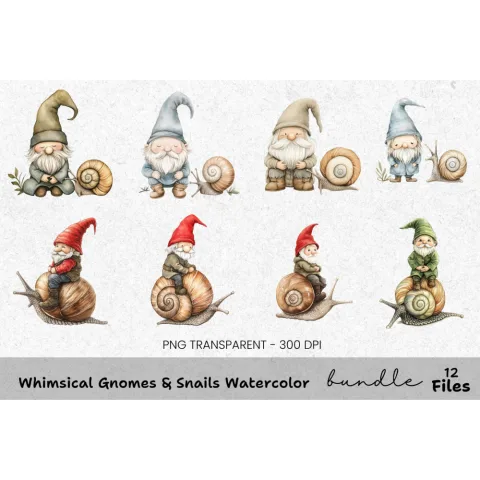 Whimsical Gnomes and Snails Clipart Bundle
