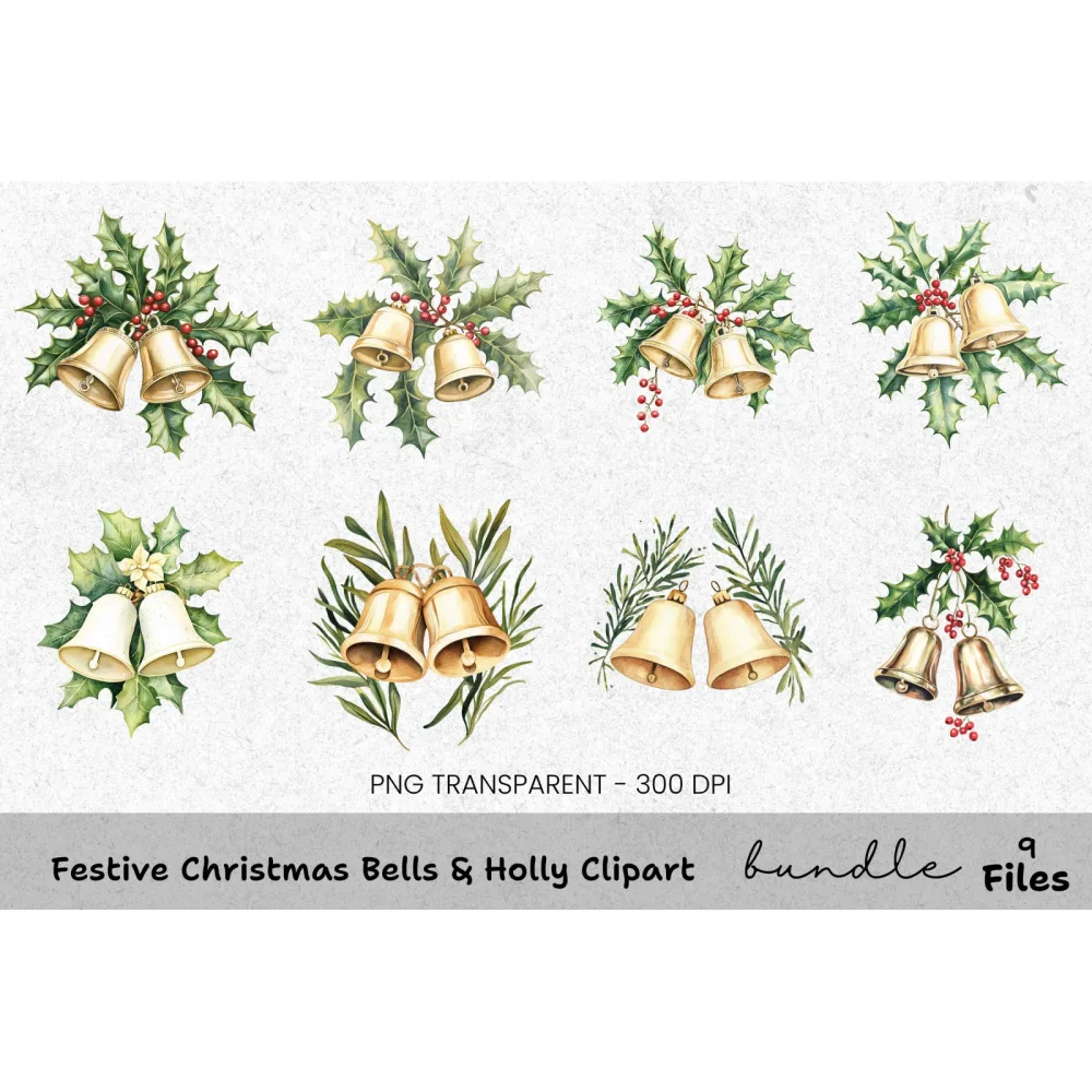 Festive Christmas Bells Holly Clipart Bundle