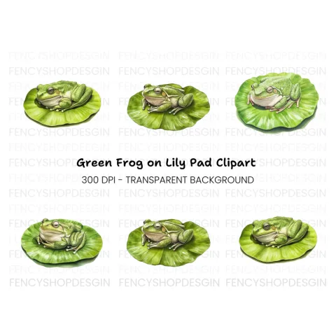 Cute Green Frogs on Lily Pads Clipart Bundle