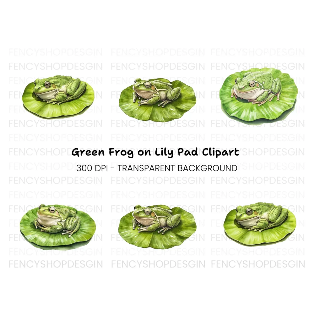Cute Green Frogs on Lily Pads Clipart Bundle