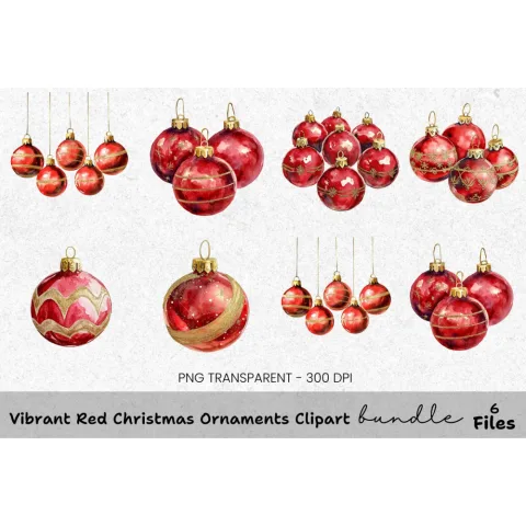 Vibrant Red Christmas Ornaments Clipart Bundle