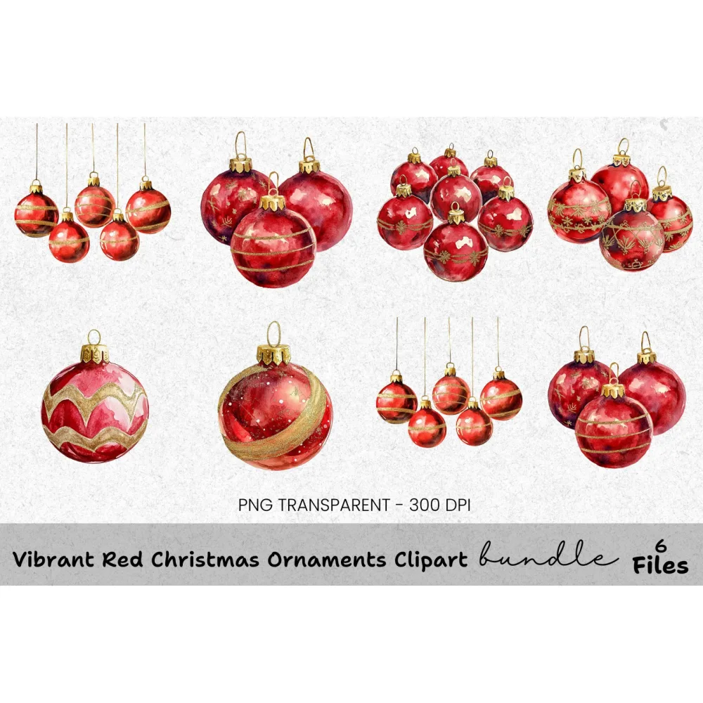 Vibrant Red Christmas Ornaments Clipart Bundle