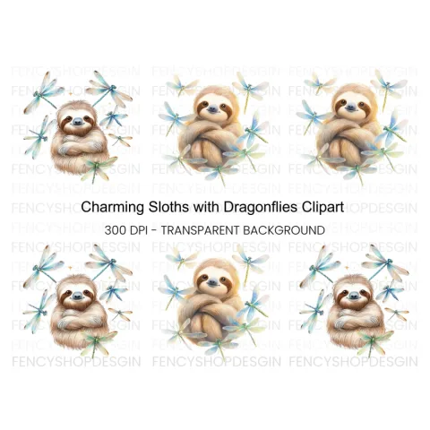 Happy Sloth with Dragonflies Clipart Bundle