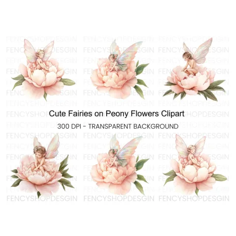 Fairies on Peony Flowers Clipart Bundle