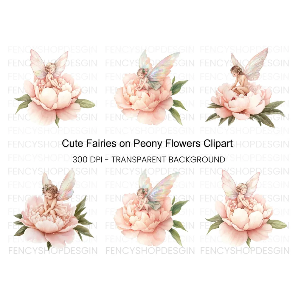 Fairies on Peony Flowers Clipart Bundle
