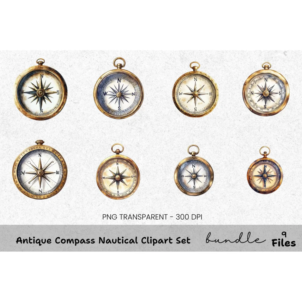 Antique Compass Nautical Clipart Bundle