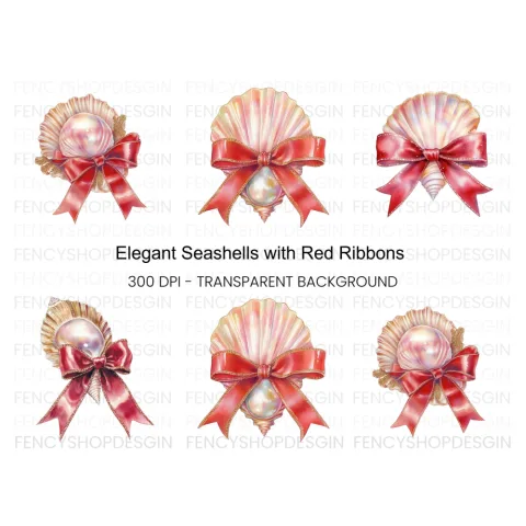 Elegant Seashells with Red Bows Clipart Bundle