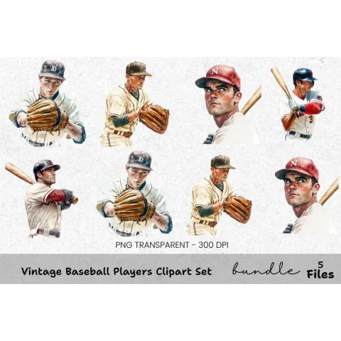 Vintage Baseball Players Clipart Bundle